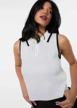 Pink Vanilla White Half Zip Crop Polo Top With Contrast Piping