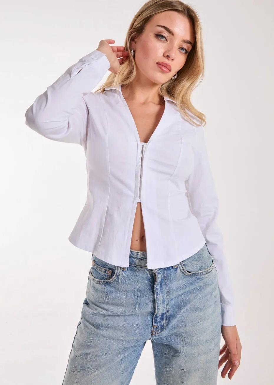 Pink Vanilla White Long Sleeve Hook and Eye Shirt