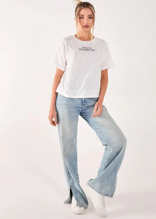 Pink Vanilla White Rhinestone Slogan Cropped T-shirt
