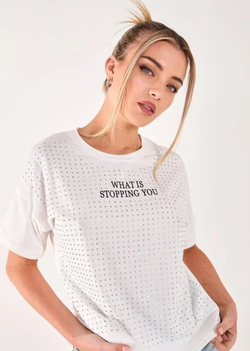 Pink Vanilla White Rhinestone Slogan Cropped T-shirt