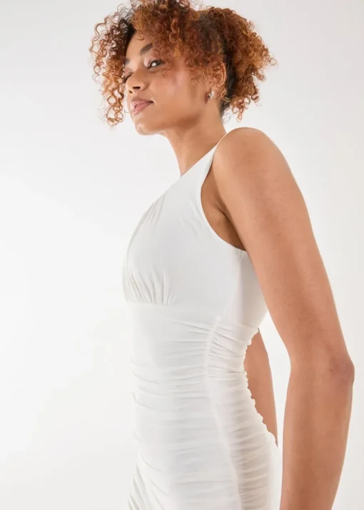 Pink Vanilla White Ruched Slinky Mini Dress