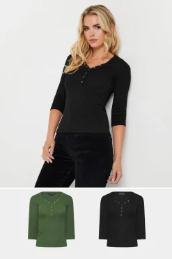 Pixiegirl Petite 2 Pack Black & Khaki Green Button Henley Tops