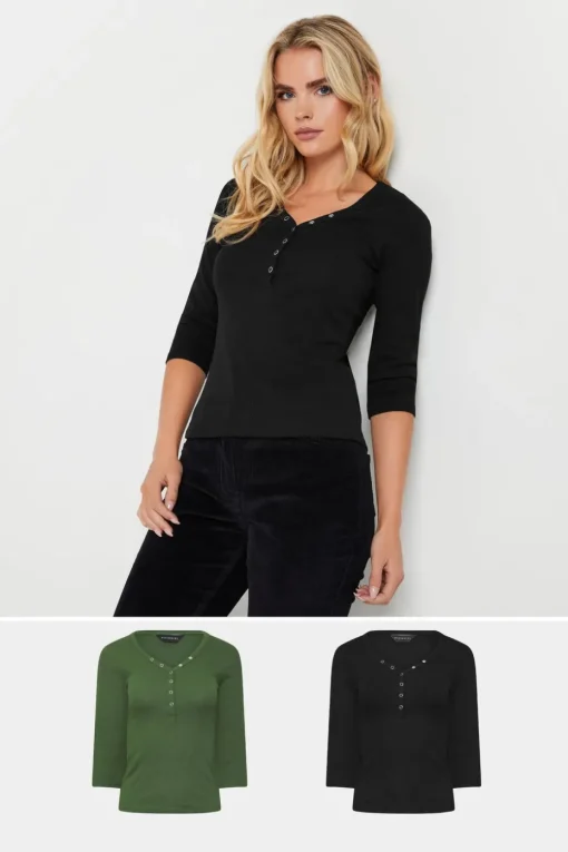 Pixiegirl Petite 2 Pack Black & Khaki Green Button Henley Tops