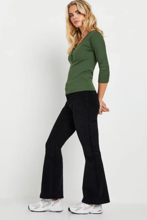 Pixiegirl Petite 2 Pack Black & Khaki Green Button Henley Tops