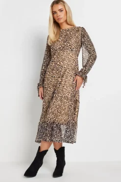 Pixiegirl Petite Beige Brown Leopard Print Mesh Tiered Dress