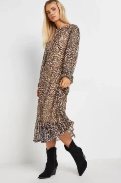 Pixiegirl Petite Beige Brown Leopard Print Mesh Tiered Dress