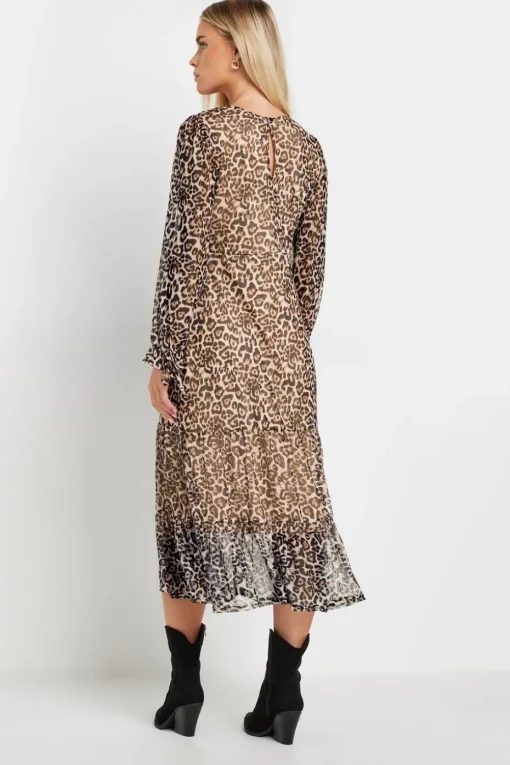 Pixiegirl Petite Beige Brown Leopard Print Mesh Tiered Dress