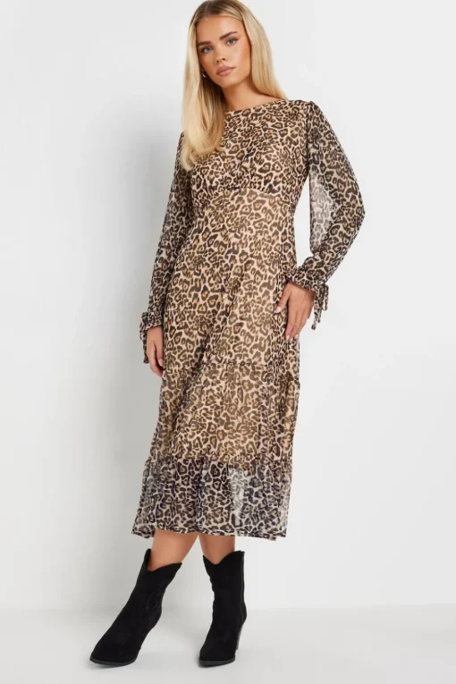 Pixiegirl Petite Beige Brown Leopard Print Mesh Tiered Dress