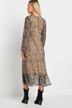 Pixiegirl Petite Beige Brown Leopard Print Mesh Tiered Dress