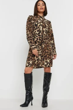 Pixiegirl Petite Beige Brown Leopard Print Shirt Dress