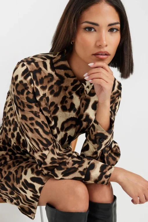 Pixiegirl Petite Beige Brown Leopard Print Shirt Dress