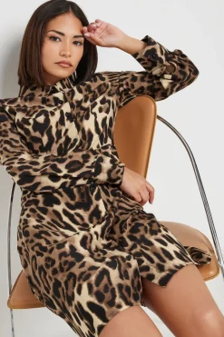 Pixiegirl Petite Beige Brown Leopard Print Shirt Dress