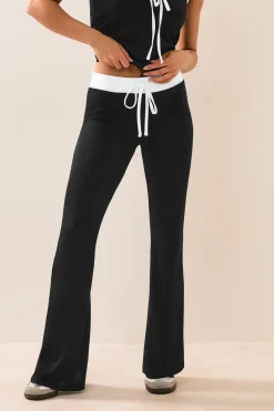 Pixiegirl Petite Black Contrast Waist Flared Trousers