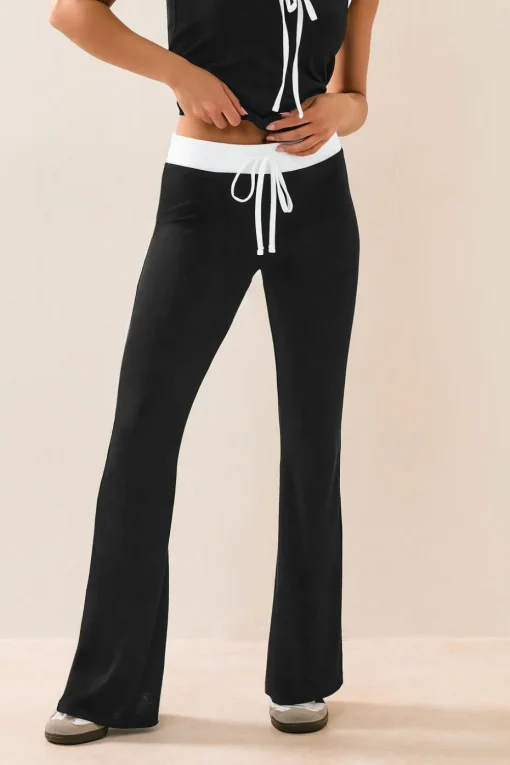 Pixiegirl Petite Black Contrast Waist Flared Trousers