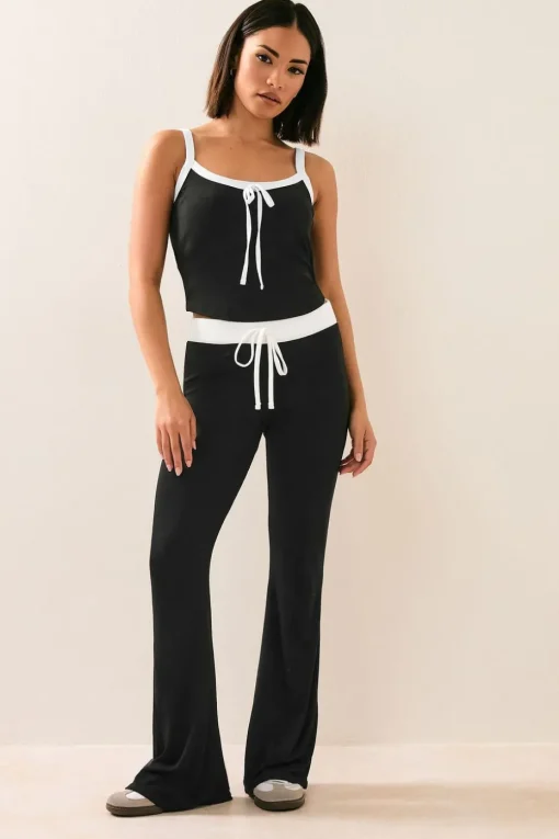 Pixiegirl Petite Black Contrast Waist Flared Trousers