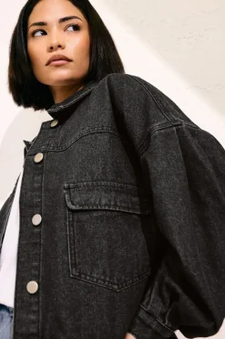 Pixiegirl Petite Black Denim Balloon Sleeve Jacket