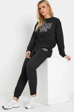 Pixiegirl Petite Black Jersey 'Paris' Slogan Cuffed Joggers