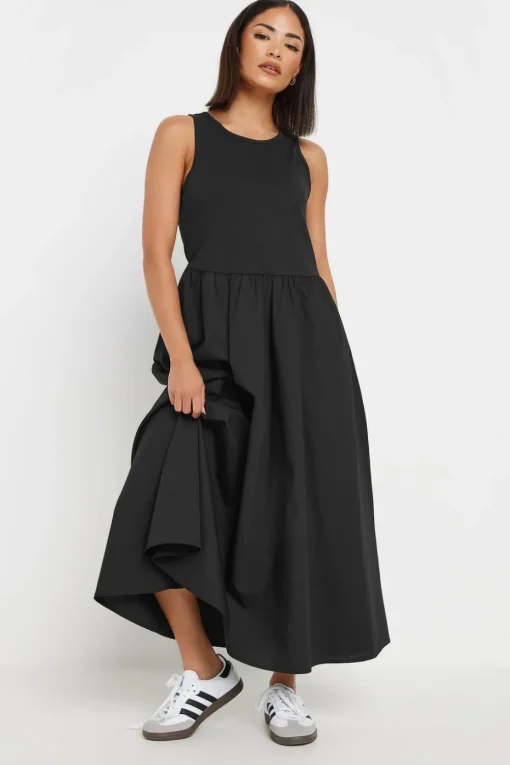 Pixiegirl Petite Black Jersey & Woven Mix Fabric Midaxi Dress