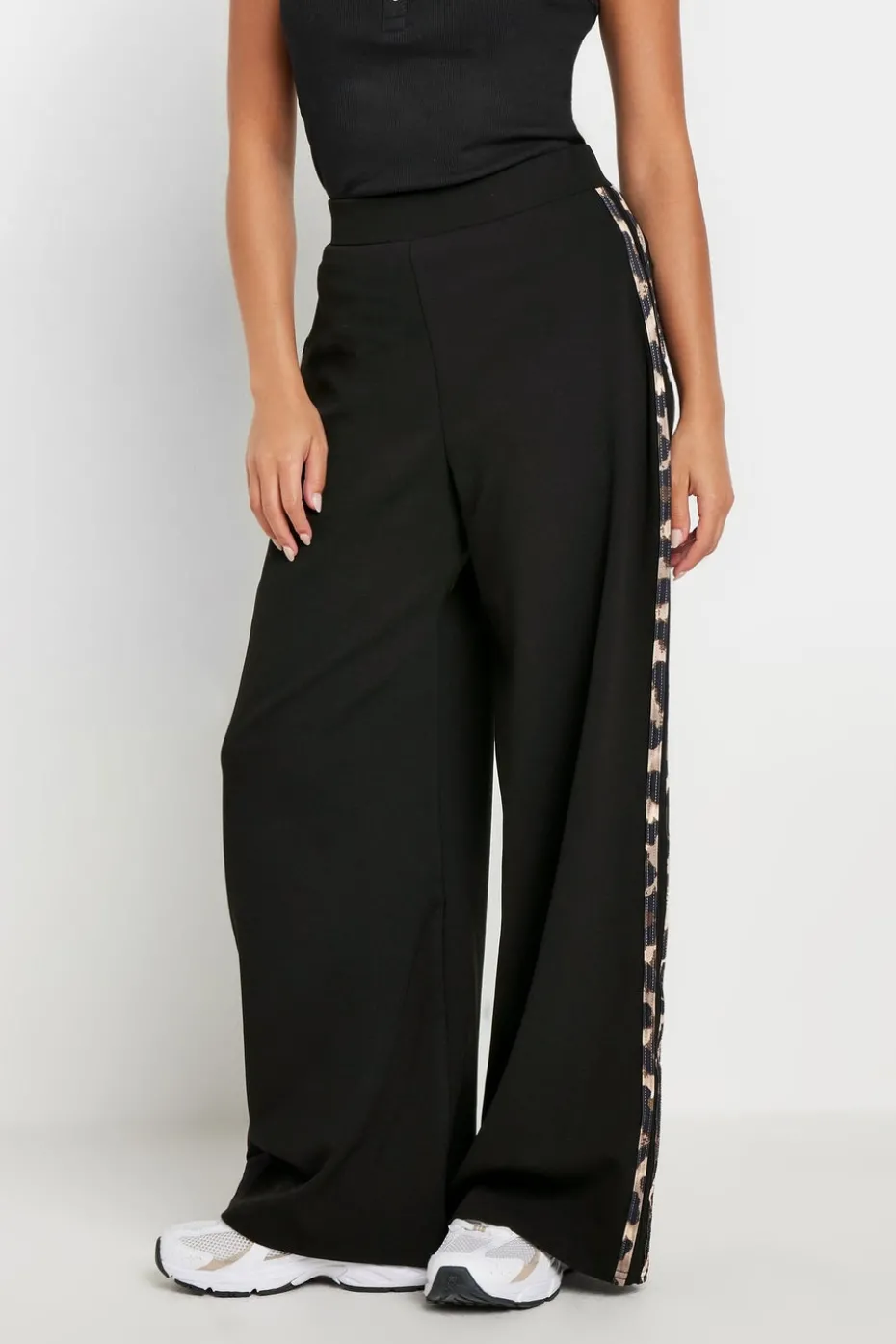 Pixiegirl Petite Black Leopard Print Side Stripe Wide Leg Trousers
