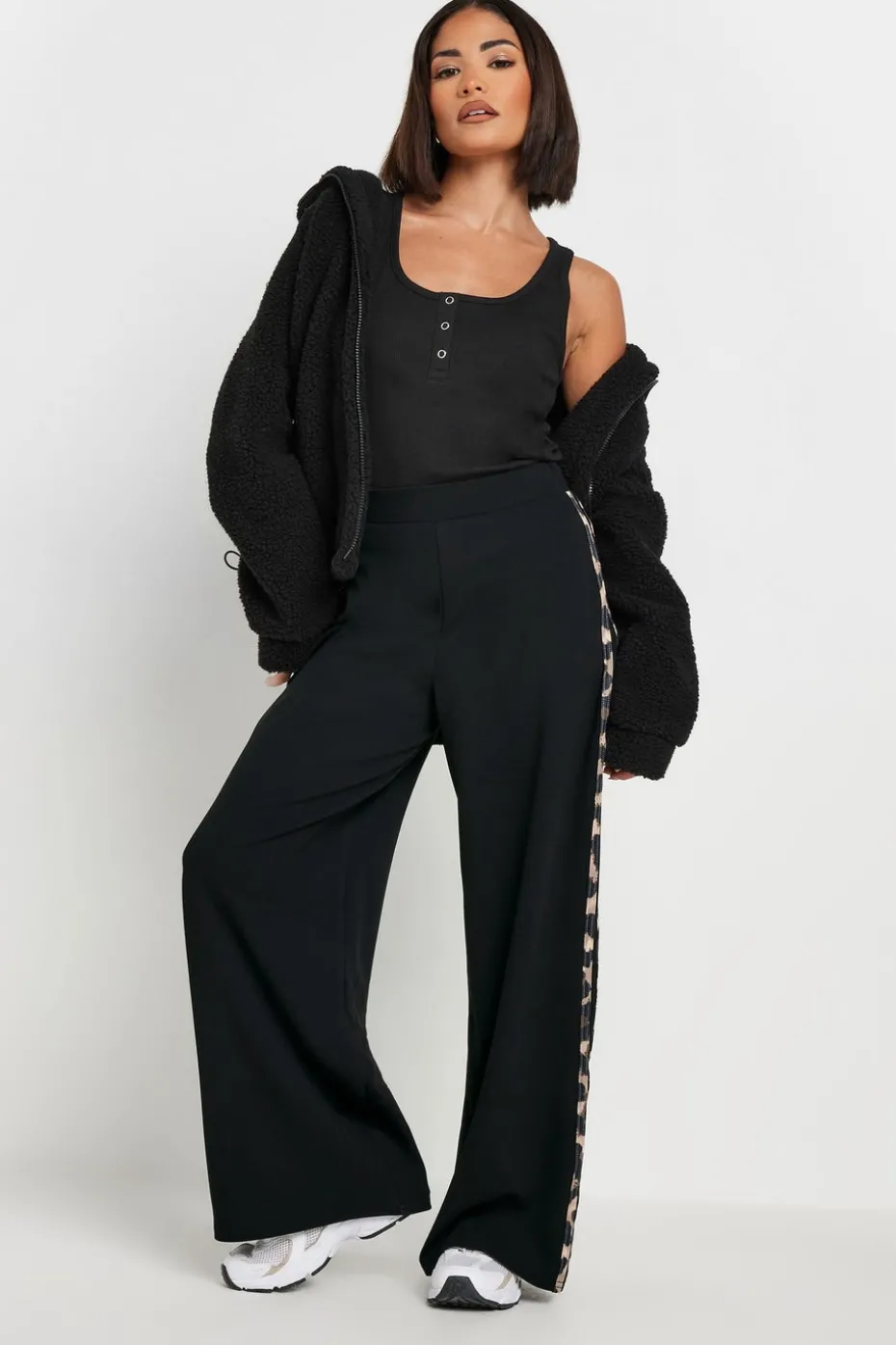 Pixiegirl Petite Black Leopard Print Side Stripe Wide Leg Trousers