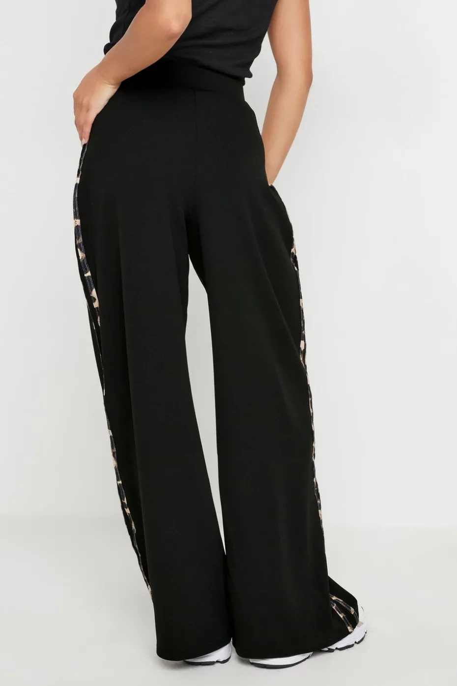 Pixiegirl Petite Black Leopard Print Side Stripe Wide Leg Trousers