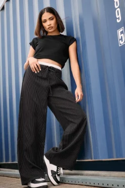 Pixiegirl Petite Black Pinstripe Contrast Waist Trousers
