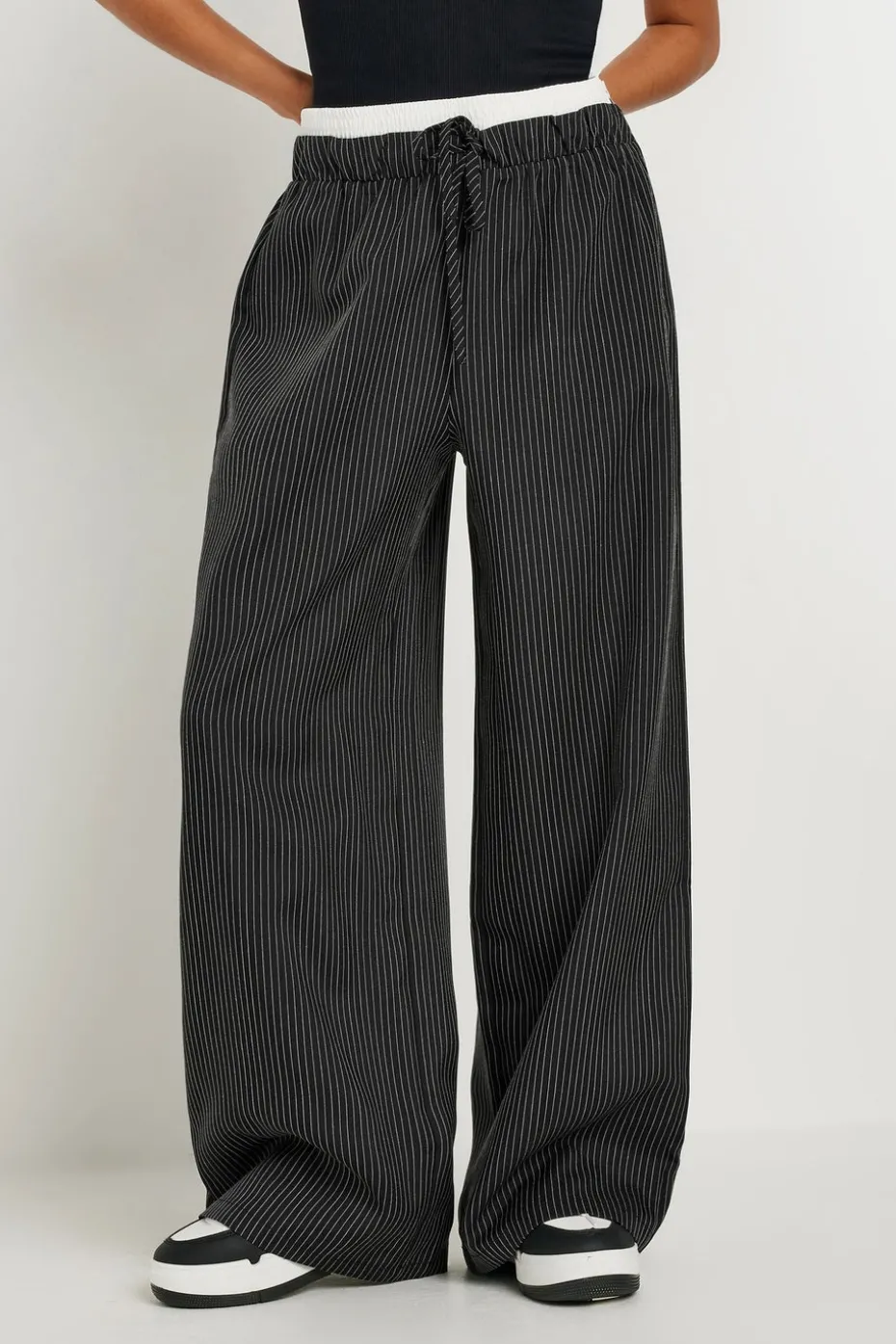 Pixiegirl Petite Black Pinstripe Contrast Waist Trousers
