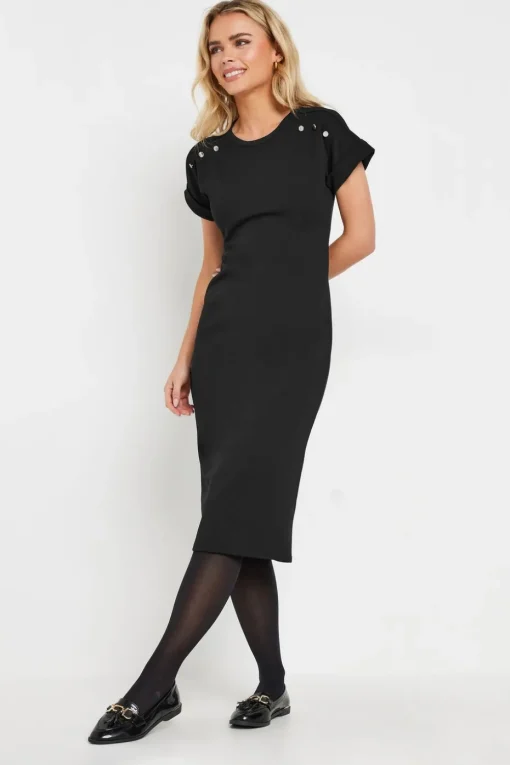 Pixiegirl Petite Black Scuba Button Midi Dress