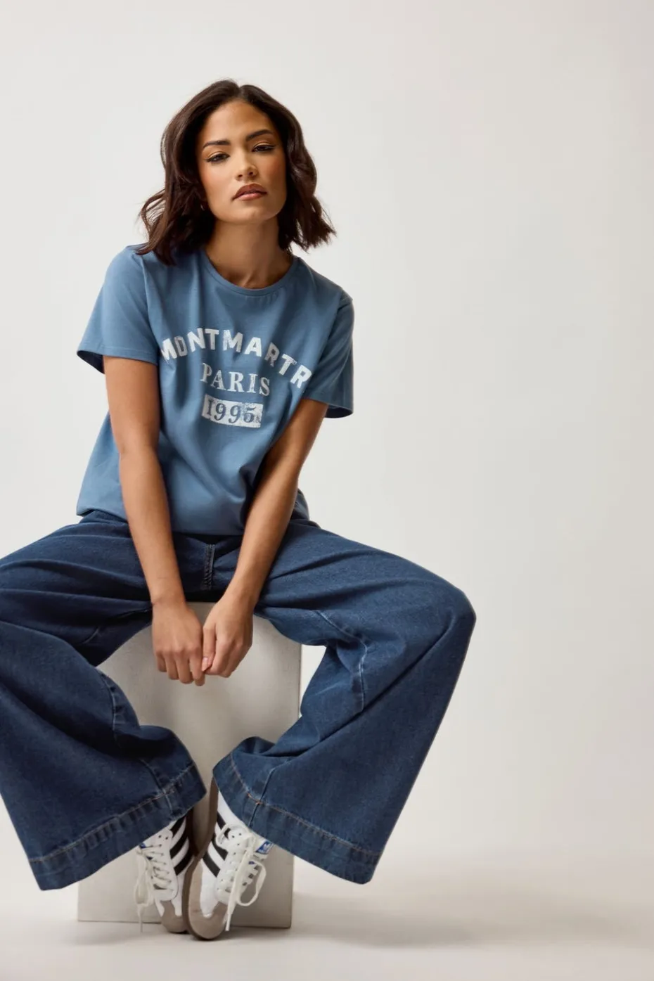 Pixiegirl Petite Blue Acid Wash Slogan T-Shirt
