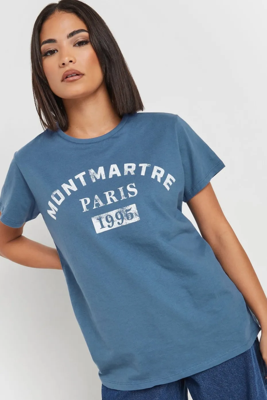 Pixiegirl Petite Blue Acid Wash Slogan T-Shirt