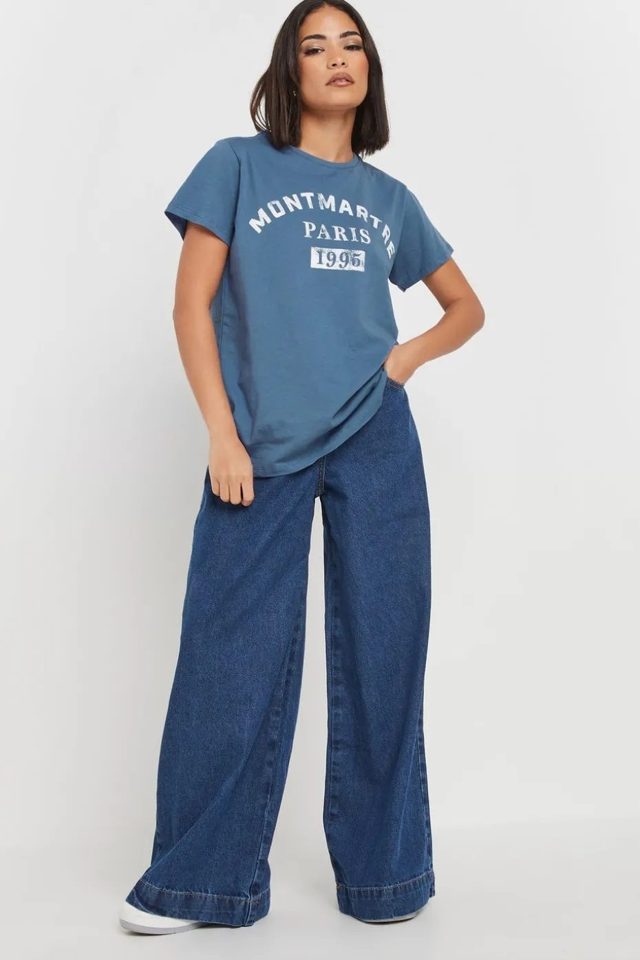 Pixiegirl Petite Blue Acid Wash Slogan T-Shirt