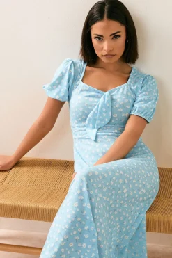 Pixiegirl Petite Blue Daisy Floral Tie Front Midi Dress