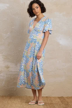 Pixiegirl Petite Blue Floral Flutter Sleeve Midi Dress