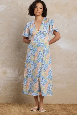 Pixiegirl Petite Blue Floral Flutter Sleeve Midi Dress