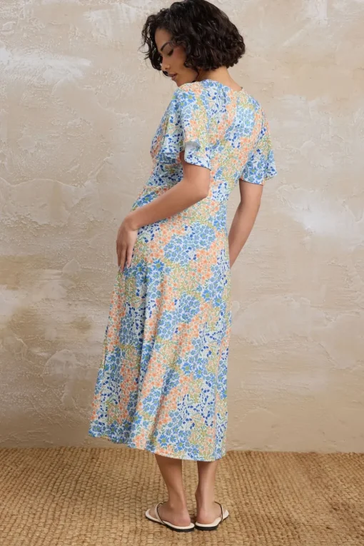Pixiegirl Petite Blue Floral Flutter Sleeve Midi Dress
