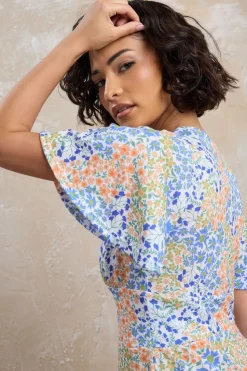 Pixiegirl Petite Blue Floral Flutter Sleeve Midi Dress