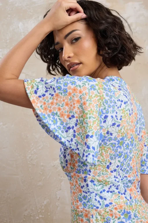 Pixiegirl Petite Blue Floral Flutter Sleeve Midi Dress