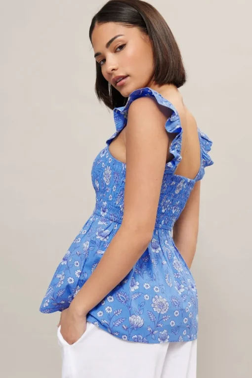 Pixiegirl Petite Blue Floral Frill Sleeve Smock Top
