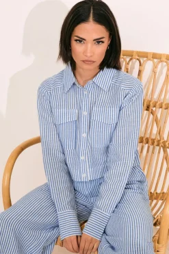 Pixiegirl Petite Blue Linen Striped Pocket Shirt