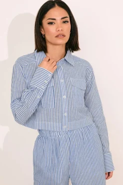 Pixiegirl Petite Blue Linen Striped Pocket Shirt