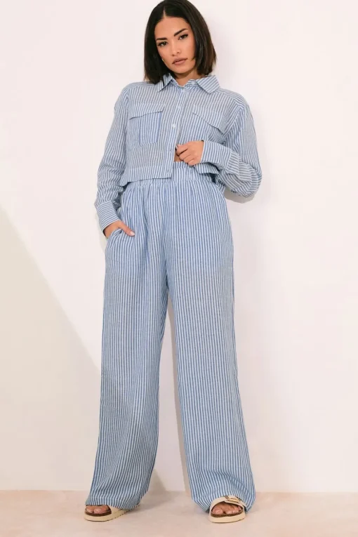 Pixiegirl Petite Blue Linen Striped Pocket Shirt
