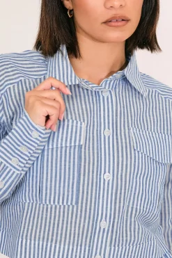 Pixiegirl Petite Blue Linen Striped Pocket Shirt