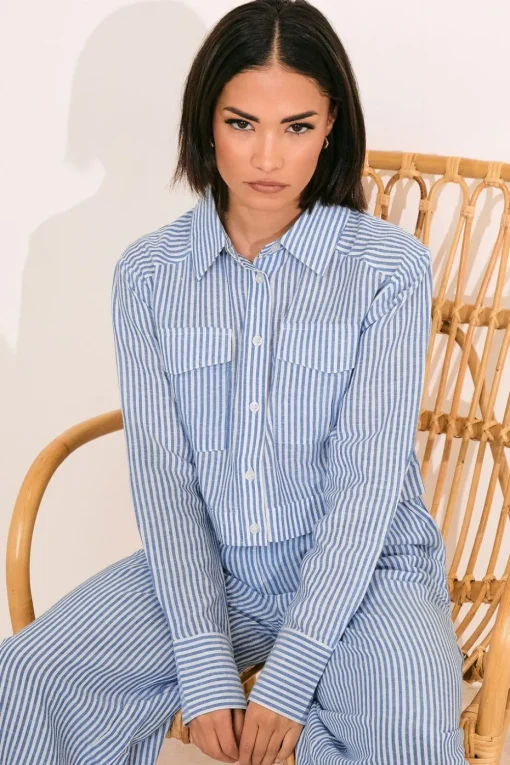 Pixiegirl Petite Blue Linen Striped Pocket Shirt