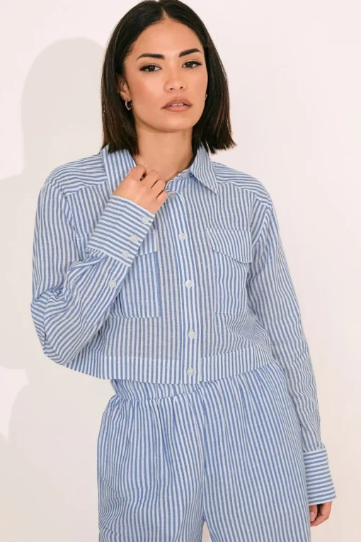 Pixiegirl Petite Blue Linen Striped Pocket Shirt