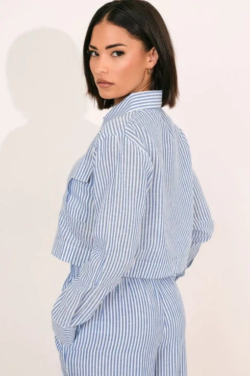 Pixiegirl Petite Blue Linen Striped Pocket Shirt