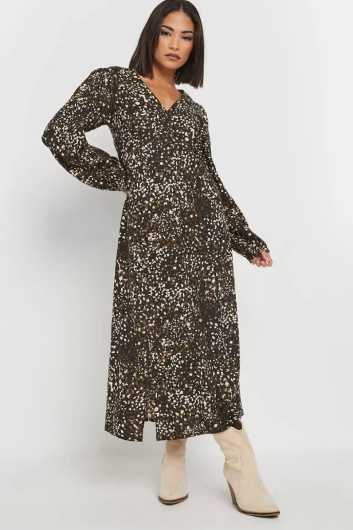 Pixiegirl Petite Brown Abstract Spot Midi Tea Dress
