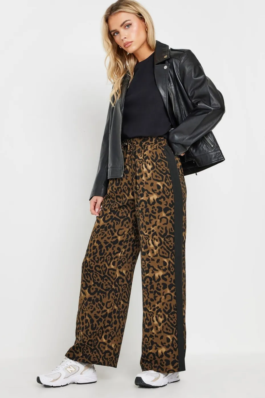 Pixiegirl Petite Brown Leopard Print Striped Wide Leg Trousers