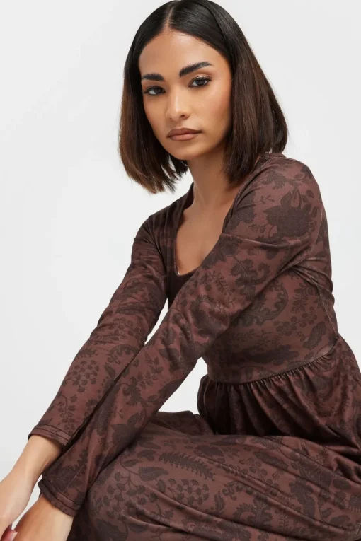 Pixiegirl Petite Brown Paisley Print Midi Tea Dress