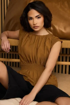 Pixiegirl Petite Brown Woven Shirred Waist Top