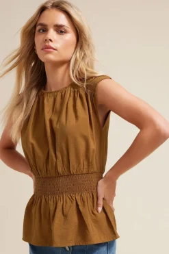 Pixiegirl Petite Brown Woven Shirred Waist Top